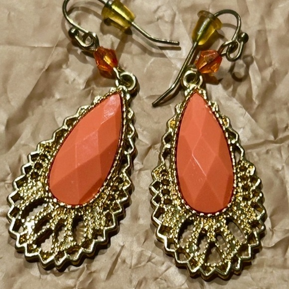 Orange and Gold Dangling Earrings - Picture 5 of 11